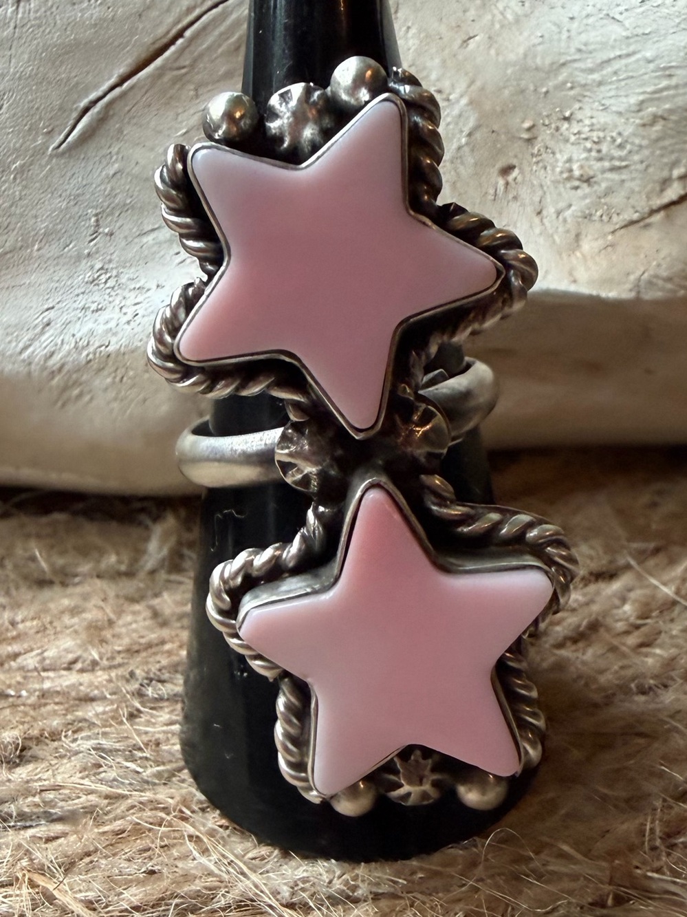 Eugene Belone Navajo Pink Conch Star Sterling Silver Double Ring